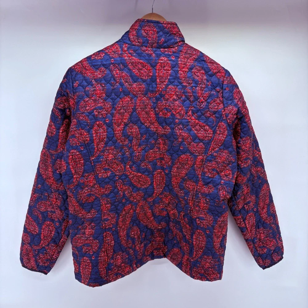 Lands‎ End Quilted Paisley Jacket Blue Red Full Zip Women's M Boho Artsy Chic